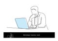 One line art of man sitting by laptop. Working at computer